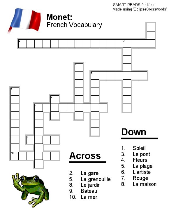 French vocabulary free print crossword for kids / children