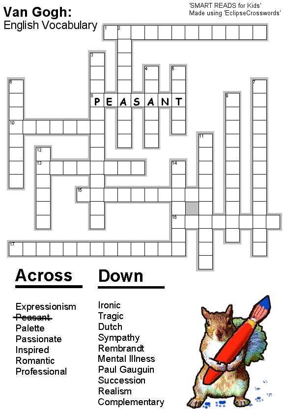 Free print crossword on van Gogh for Kids